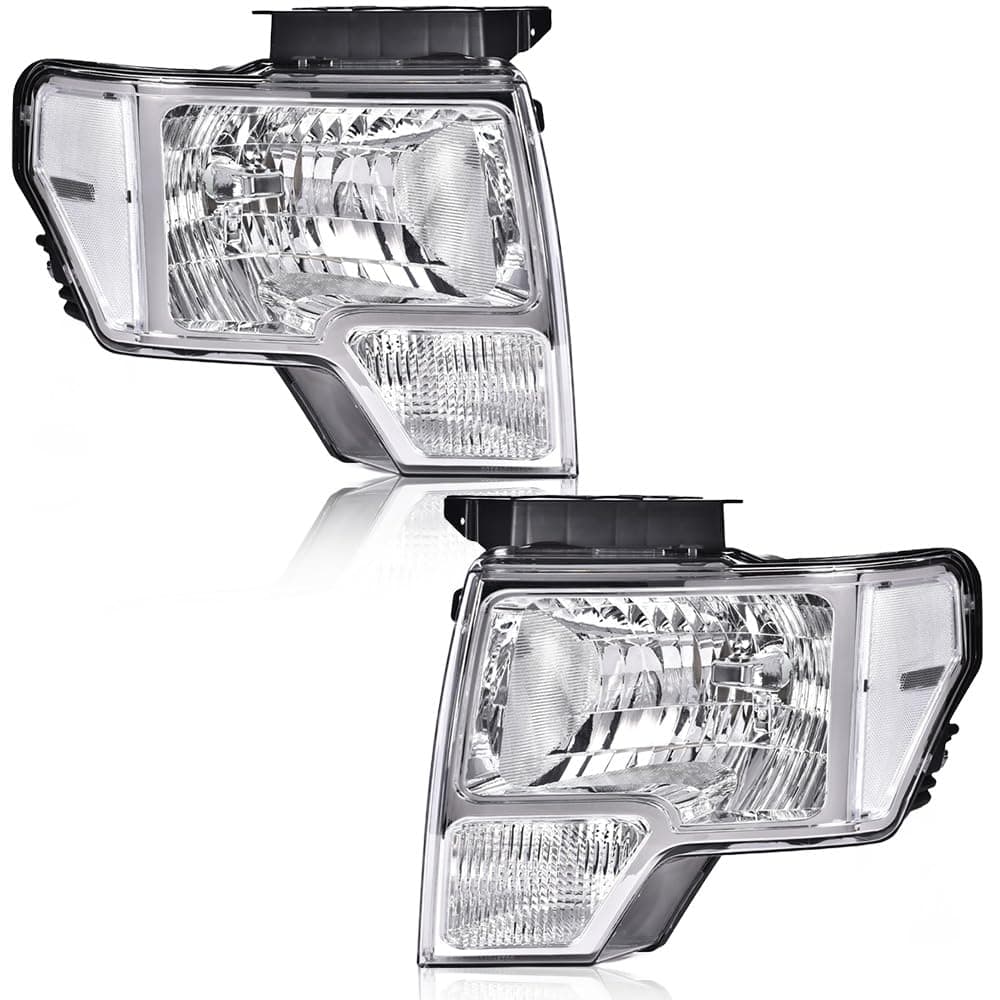 DOTCOM Headlights Assembly, Compatible with 2009-2014 Ford F150 09-14 Headlamp, Driver and Passenger Side, Clear lens Chrome Housing Clear Reflector (Not Fit Led Style,Only Fit Without Led Style)