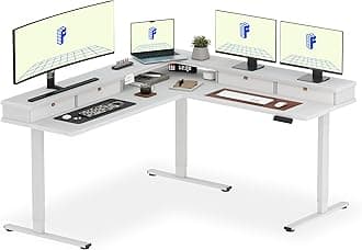 71" Large L Shaped Standing Desk Electric Corner Table with Shelf, 4 Storage Drawers, Adjustable Computer Workstation for Home, Office, Game, Studio, White Top + White Frame