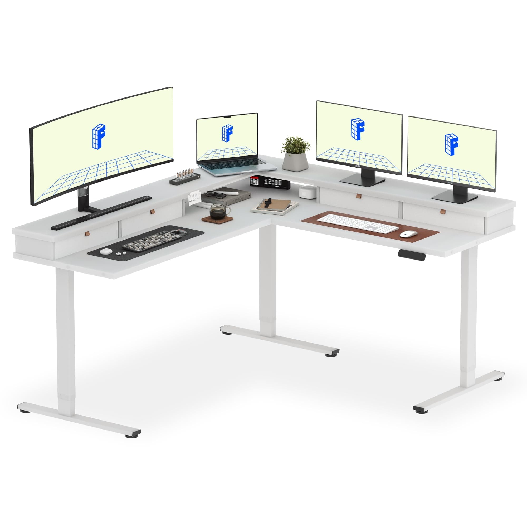 71" Large L Shaped Standing Desk Electric Corner Table with Shelf, 4 Storage Drawers, Adjustable Computer Workstation for Home, Office, Game, Studio, White Top + White Frame