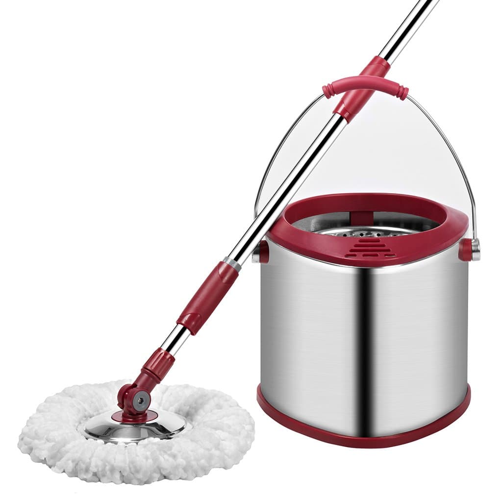 Finether Single Bucket Spin Mop Cleaning System, Space Saving Stainless Steel Easy Wringing Wet Dry Mop Set for Hardwood Tile Floor (1 Telescoping Handle + 1 Single Bucket + 3 Microfiber Mop Heads)