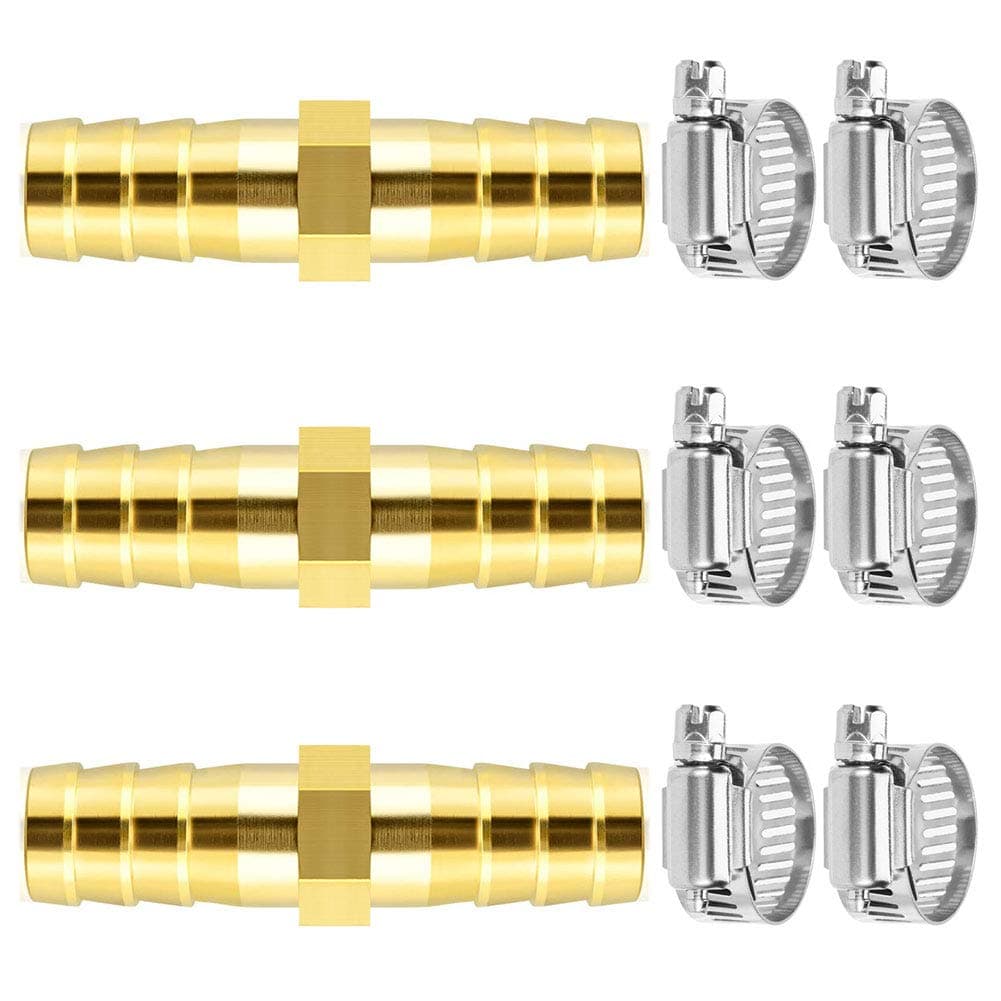 Da by 3/8" Brass Barb Fitting,3 pcs 10mm ID Brass Barb Splicer Mender Hose Fitting with 6 pcs Stainless Steel Pipe Clamps for Water/Fuel/Air