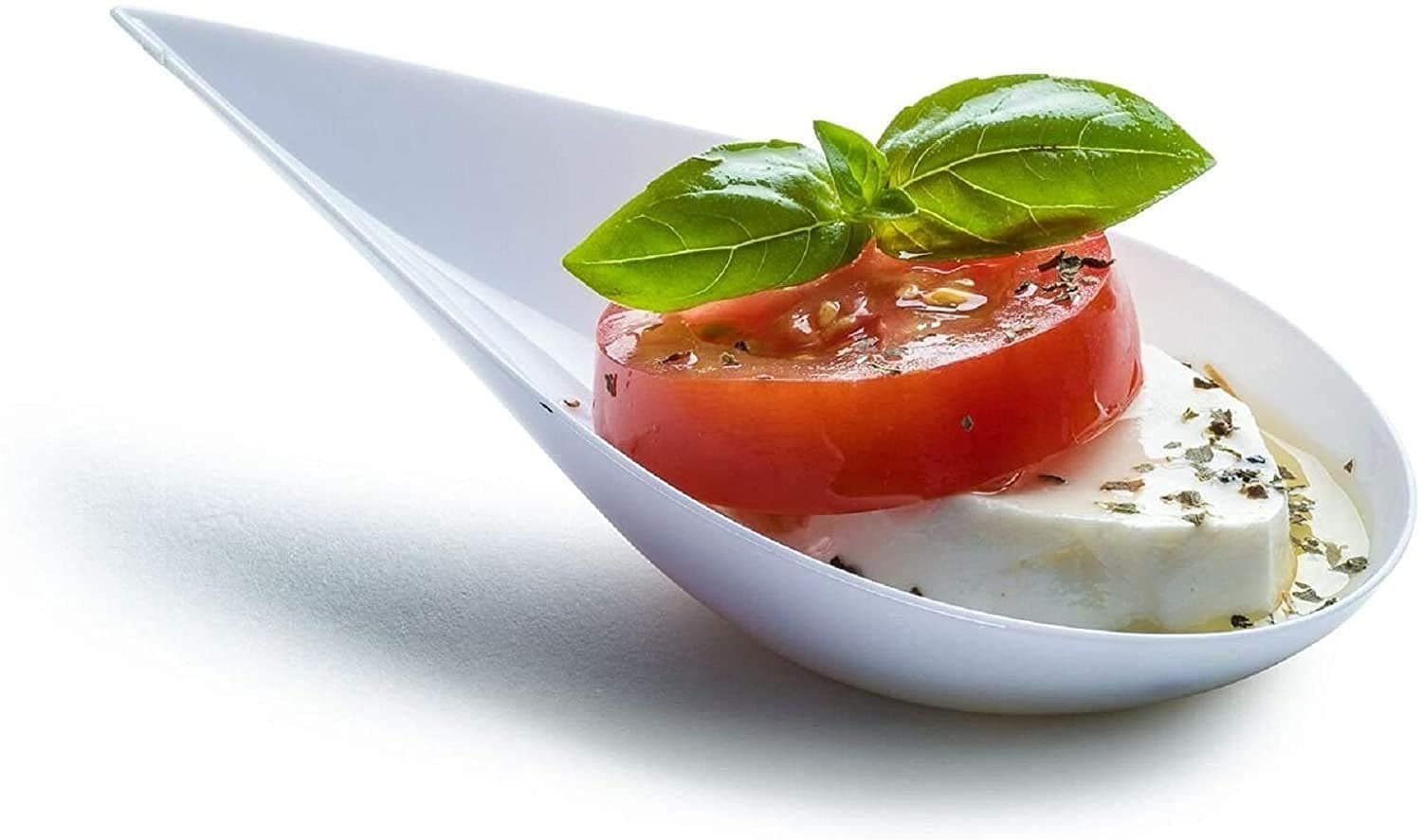 DLux 100 4-in Tear Drop Mini Appetizer Plates, White Plastic Spoons - Desserts and Appetizers Dishes Serving Plate - Disposable Asian Spoon Set, Small Catering Dessert Tasting Cups - with Recipe Ebook