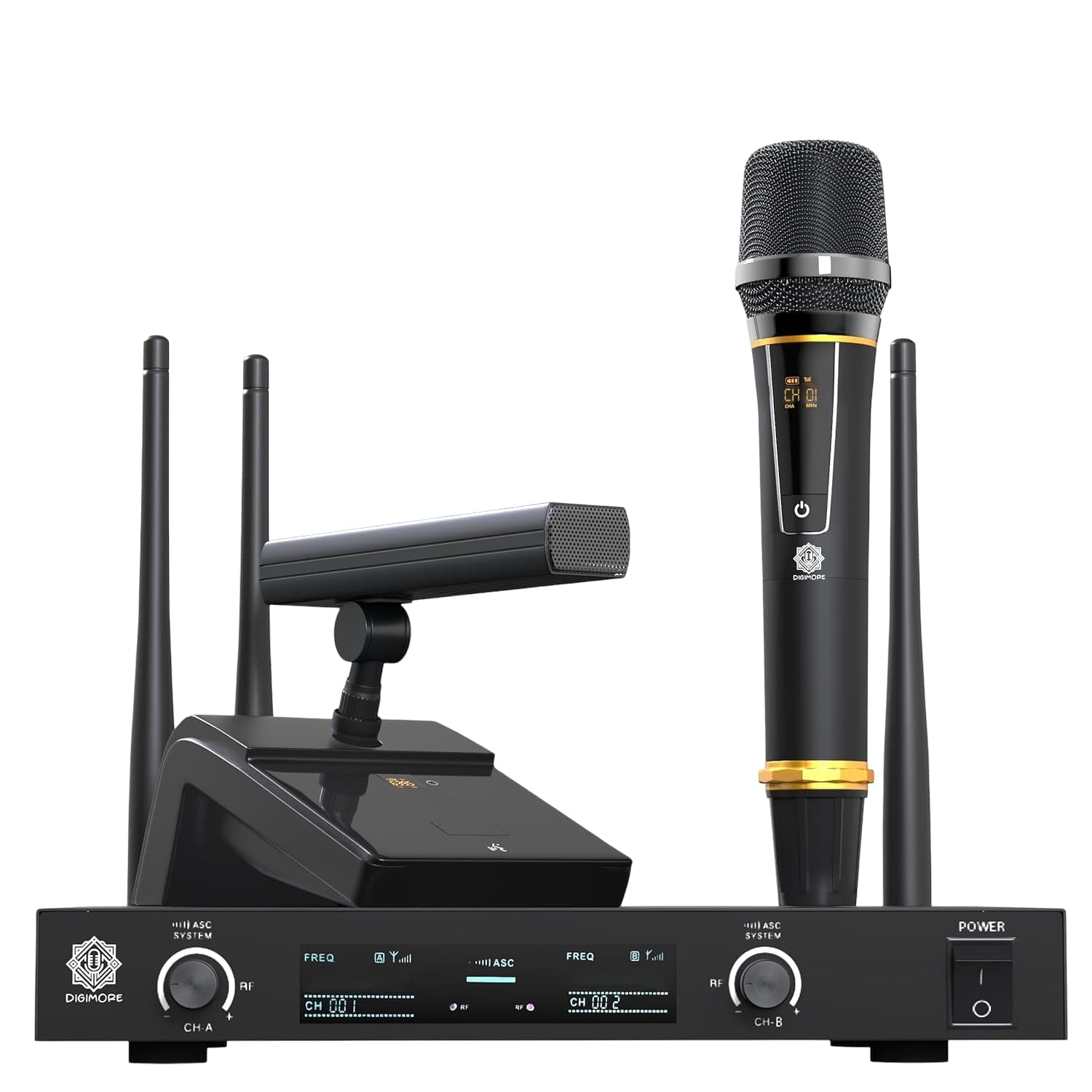 DIGIMORE UHF Wireless Conference Microphone | Desktop Microphone with One Handheld Microphone | 60 Channels | 300 Feet Range | Meetings, Streaming Lectures, Wedding, Social Events (D-630)