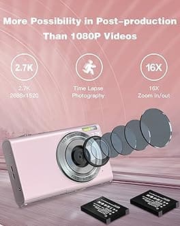 Sevenat Digital Camera 48MP 2.7K Compact Pink with 16X Zoom, Image Stabilization, Autofocus, 3" Screen, FHD 1080p Video, for Teens/Students