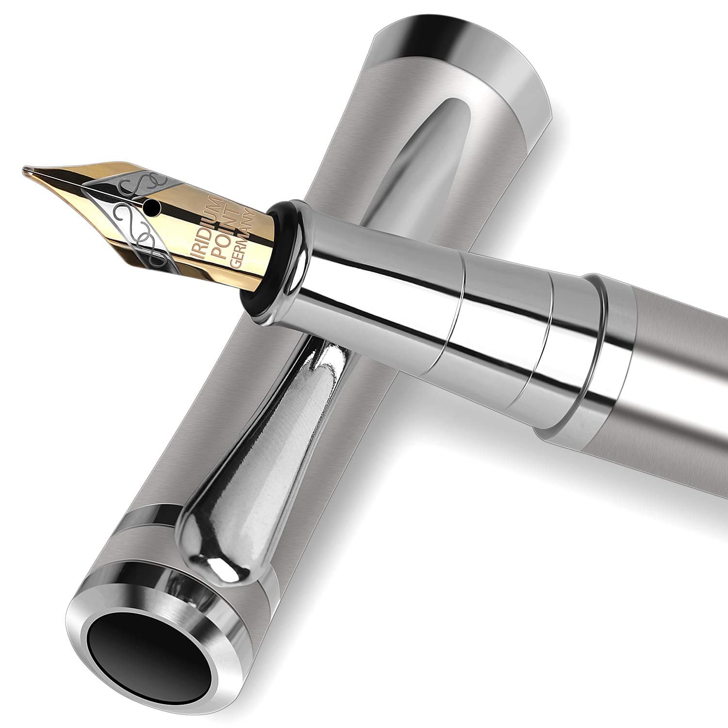 BEILUNER Luxury Fountain Pen Set, Solid 24K Gilded Medium Nib, Stainless Steel Body - Includes 6 Ink Cartridges & Ink Refill Converter with Gift Case - Perfect for Men and Women(Gray)