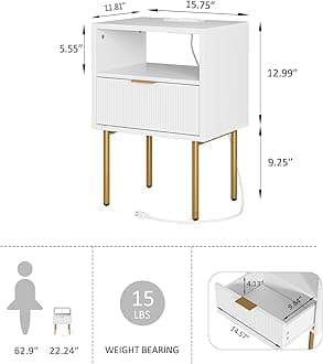 Nightstand with Charging Station,Morden Bedside Table with Gold Frame,Small White Night Stand,End Table,Bedside Furniture,Side Table with Drawer and Shelf for Bedroom,Living Room