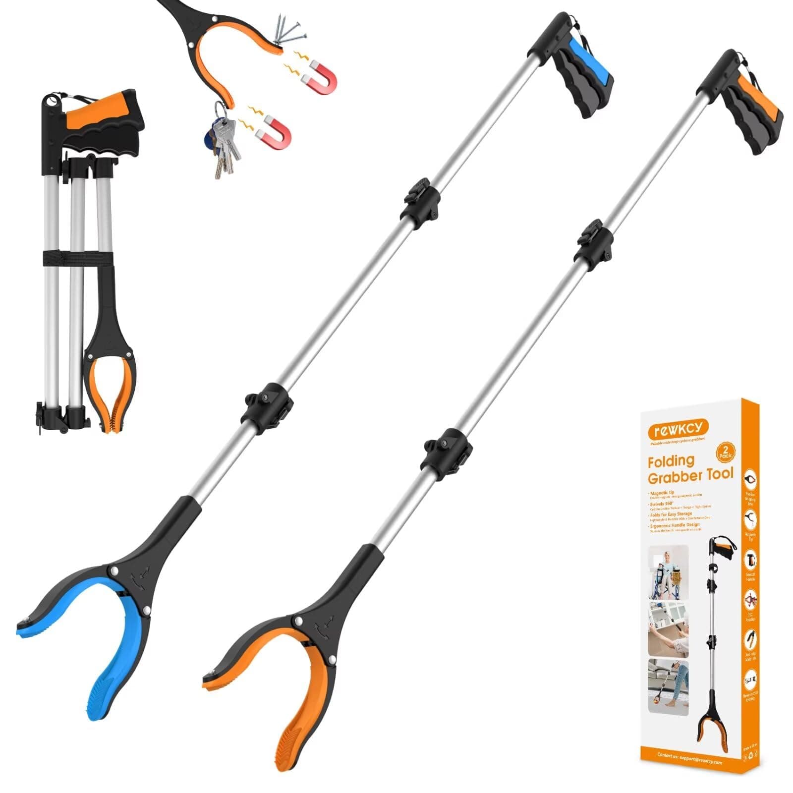 2-Pack 43" Extra Long Grabber Reacher Tool, Foldable Reacher Grabber Pickup Tool with 360° Rotating Jaw + Magnets