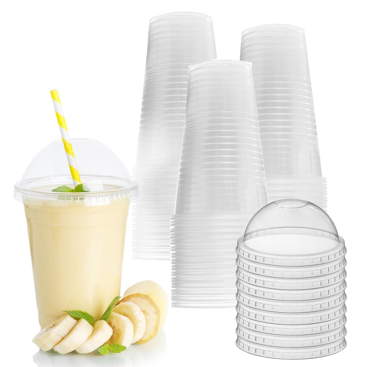 Zuvo Plastic Smoothie Cups with Dome Lids - 16 OZ (Pack of 50) - Strong Clear Plastic Cups for Milkshakes, Smoothies, Iced Coffee, Slusly and Bubble Tea - 100% Reusable Cups