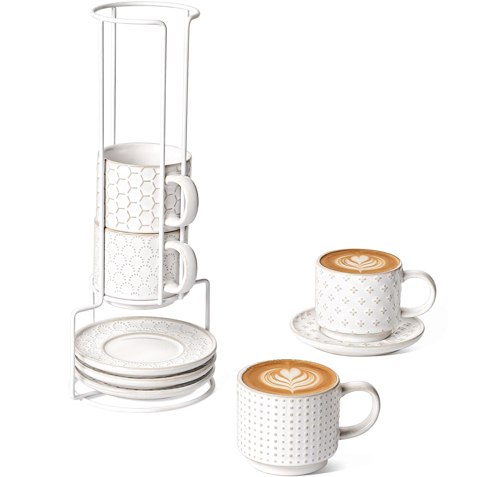 LE TAUCI Stackable Cappuccino Cups with Saucers and Stand, Set of 4, 6 oz Ceramic Coffee Cup Set for Espresso Au Lait, Flat White, Tea, Americano, Dishwasher & Microwave Safe, Embossed, White