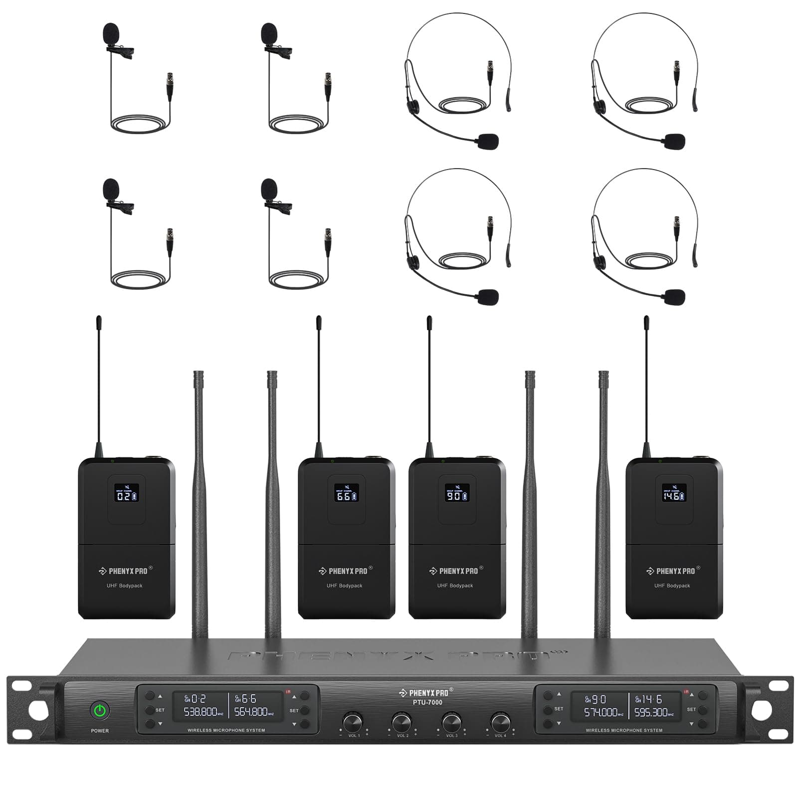 Phenyx Pro Wireless Microphone System, UHF 4-Channel Wireless Mic Set w/ 4 Bodypacks,Headsets/Lapel Mics, 4x40 Frequencies, Auto Scan,328ft Coverage, Microphone for Singing, DJ, Church(PTU-7000-4B)