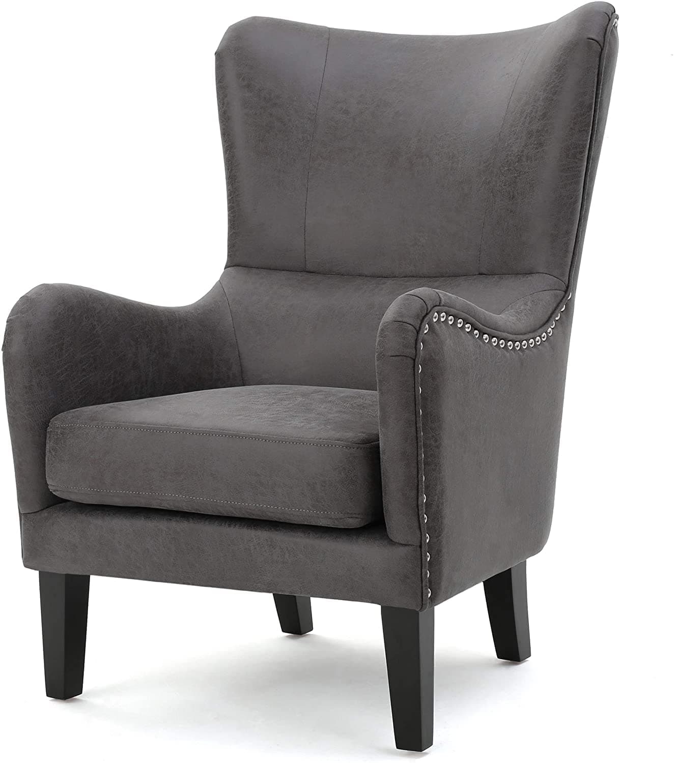 MODERN WAVE Abson Leatherette Solid Wood Upholstered Arm Chair Sofa Bench Sofa Couch Wingback Chair High Back Wing Chair Single Seater Chair for Living Room Office Bedroom (Black)