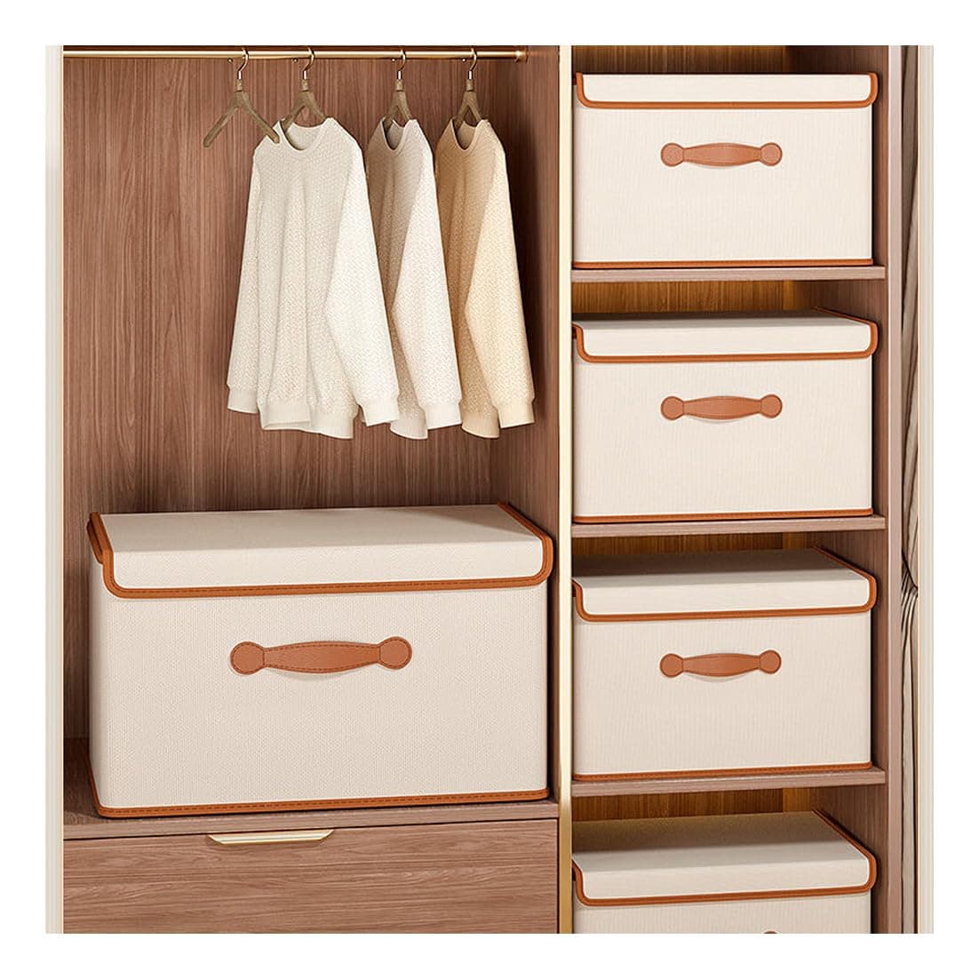 2 Pack Storage Bin with Lid Storage Boxes with PU Leather Handles PP Plastic Board Decorative Foldable Lidded Cotton Linen Fabric Home Cubes Baskets Closet Organizer Container (65-01L)