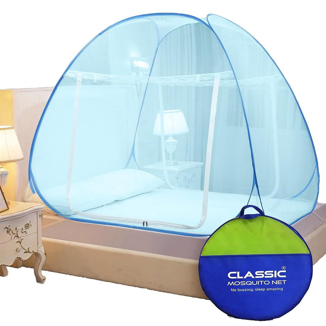 Classic Mosquito Net for Double Bed | King Size Foldable Machardani | Polyester 30GSM Strong Net | PVC Coated Corrosion Resistant Steel Wire - Full Blue