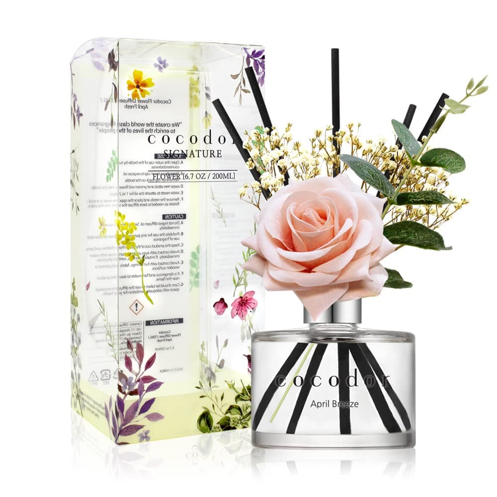 Cocodor Rose Flower Reed Diffuser, April Fresh Reed Diffuser Set, Oil Diffuser and Reed Diffuser Sticks, Home Decor & Office Decor, Fragrance and Gifts, 6.7oz