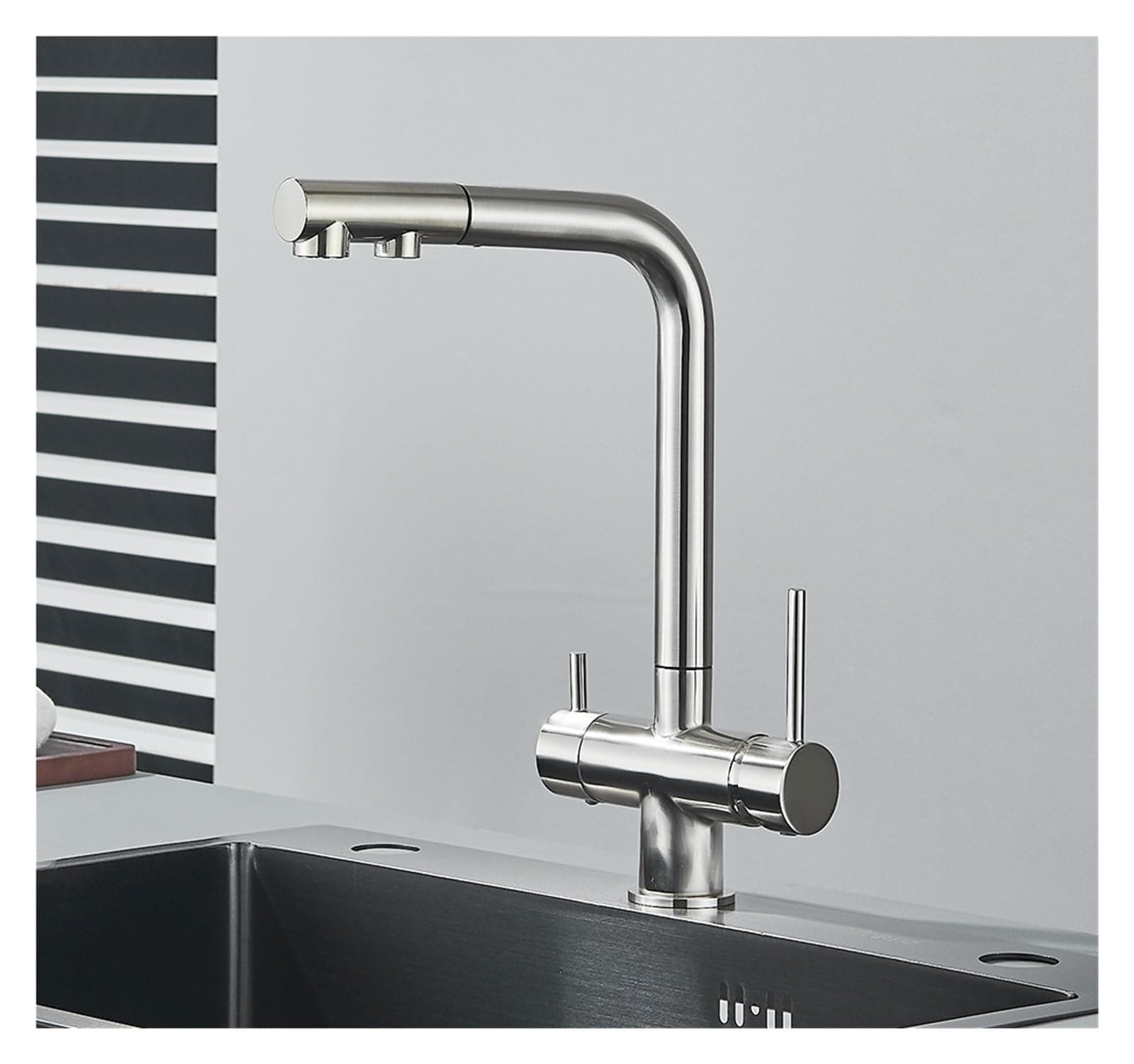 Chrome Brass Pull Out Filtered Kitchen Faucet Dual Handle Hot Cold Drinking Water 3-Way Filter Purification Mixer Taps(Color:Brushed Nickel)
