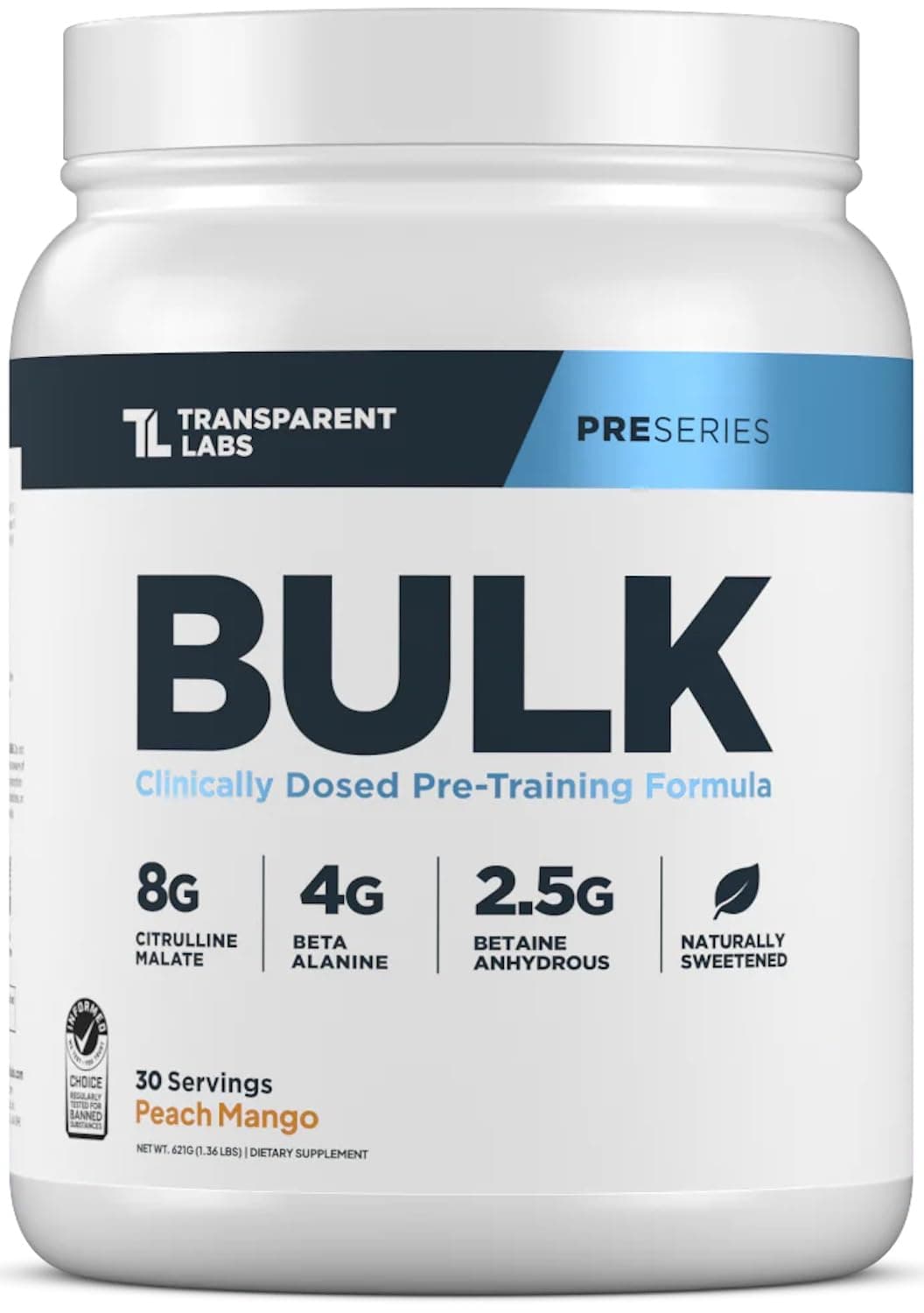 Bulk Pre Workout Powder - Naturally Sweetened Preworkout for Men & Women, Pre Work Out for Muscle Building & Strength w/Beta Alanine & BetaPure - 30 Servings, Peach Mango