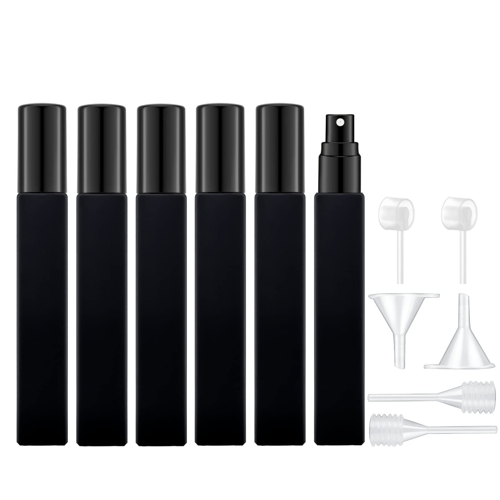 Lil Ray 10ml Glass Spray Bottle Refillable Perfume Atomizer for Men & Women. Portable Fragrance Bottle for Travel,Party. Squared Shape, Coated Surface, UV Protection (6PCS,Black&Black)