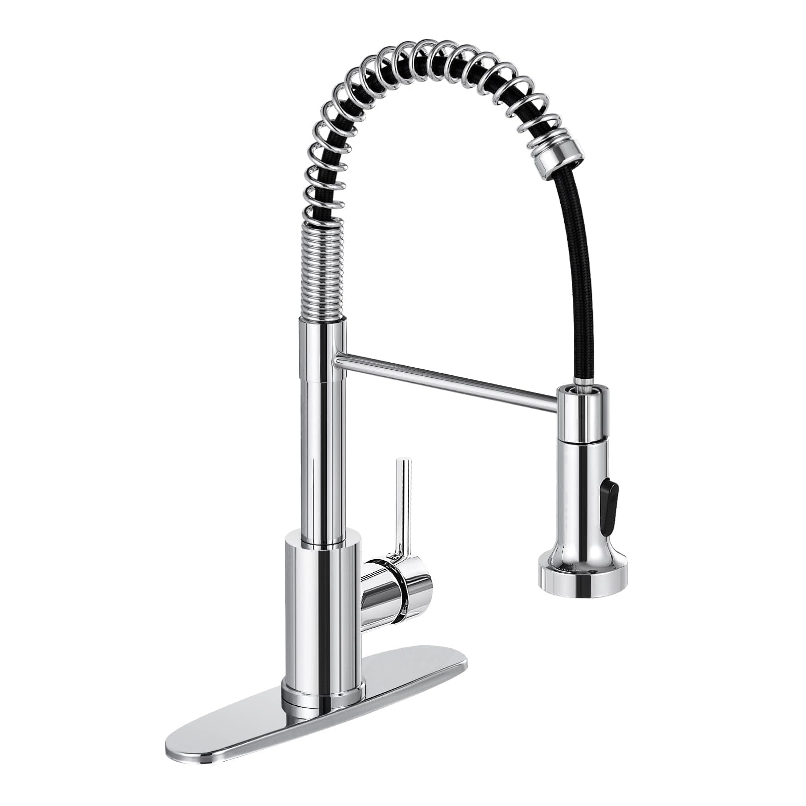 DJS Kitchen Faucets with Pull Down Sprayer Chrome High Arc Single Handle 1 or 3 Holes Spring Kitchen Sink Faucet with Deck Plate for Farmhouse RV Vessel Basin