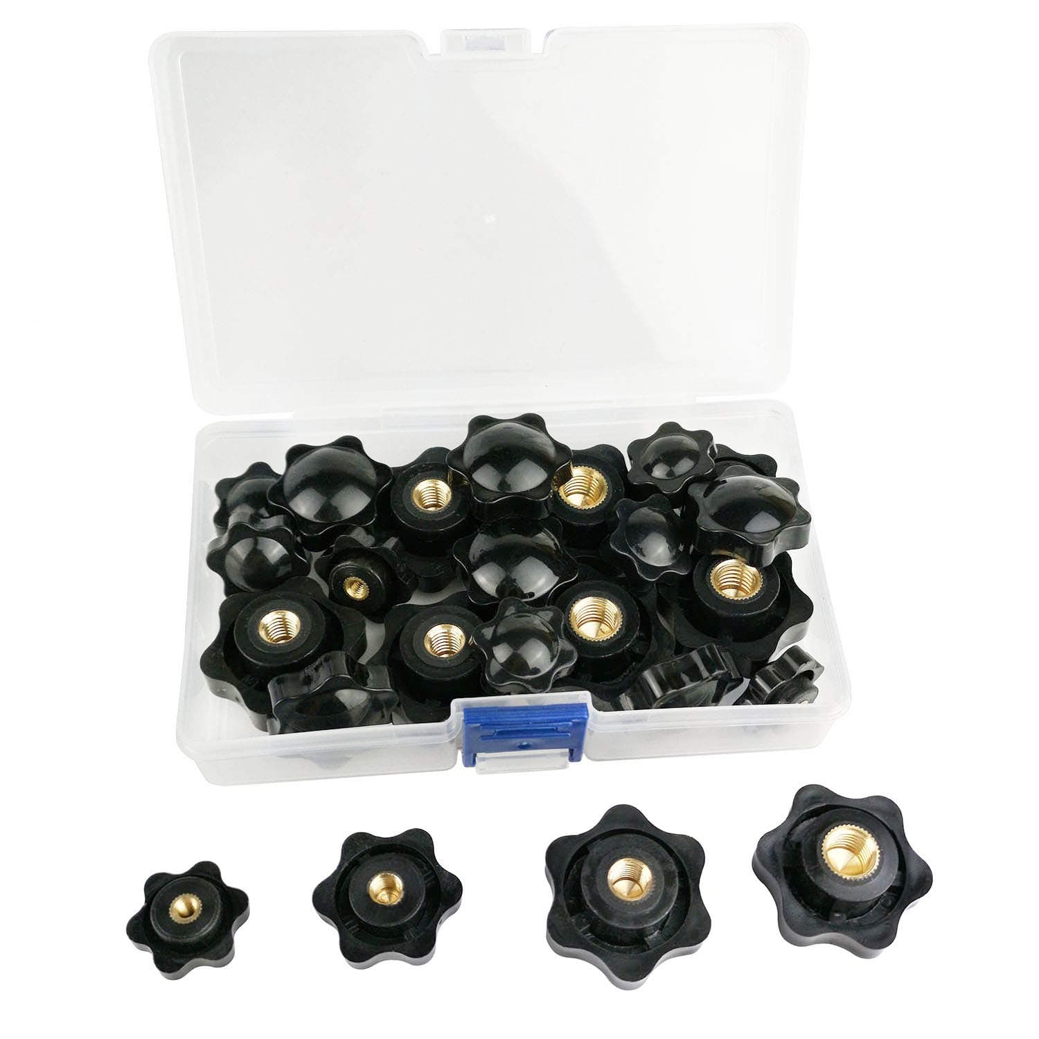 24 PCS Female Thread Nuts Clamping Star Knob, Plastic Hex Shaped Handle Black Clamping Nuts, Knurled Quick Removal Clamping Screw Nuts Knob (M4,M6,M8,M10)