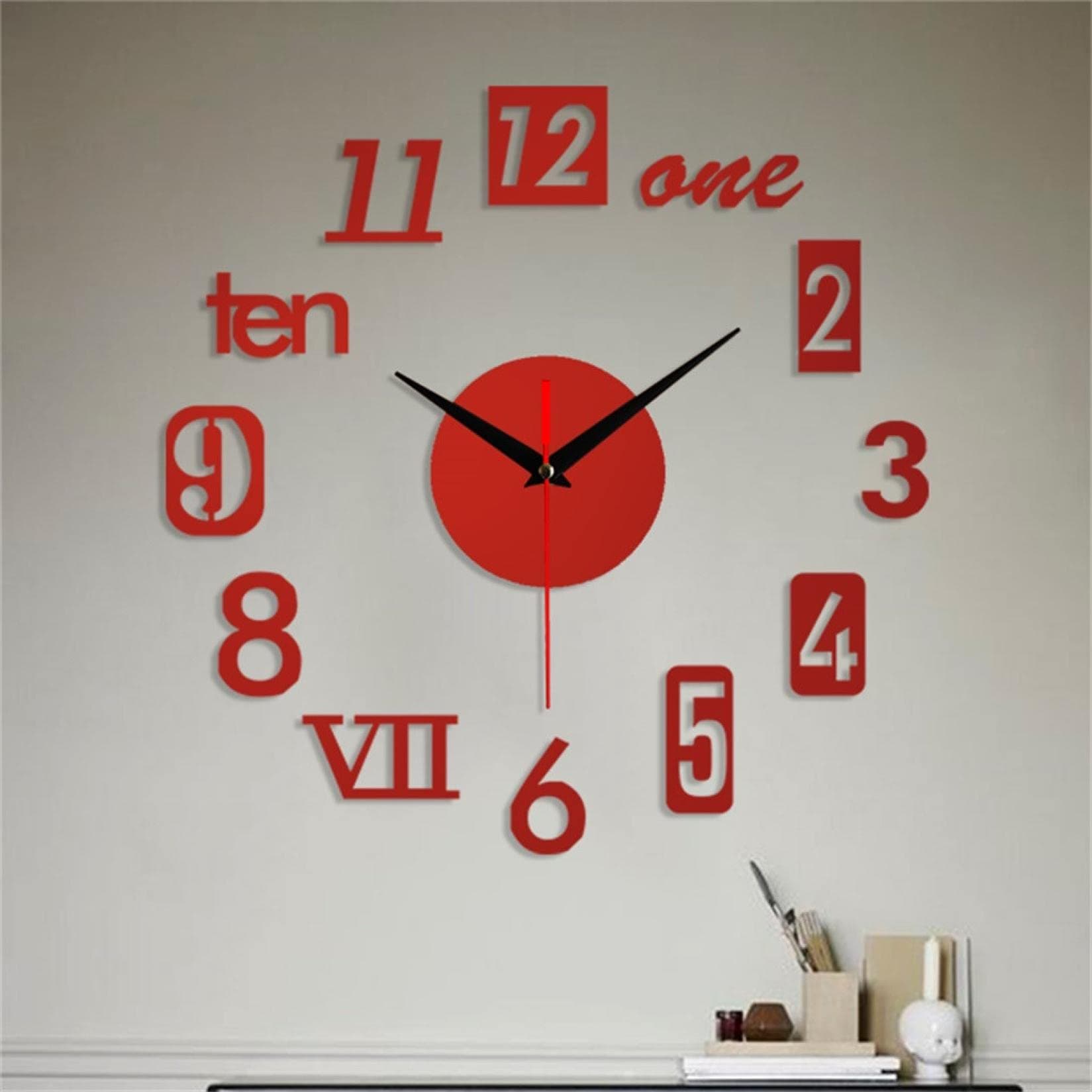 Frameless DIY 3D Wall Clock - Large for Living Room, Kitchen, Bedroom, Office - Acrylic Digital Modern Stick-On Clock Home Decor (YA-Red)