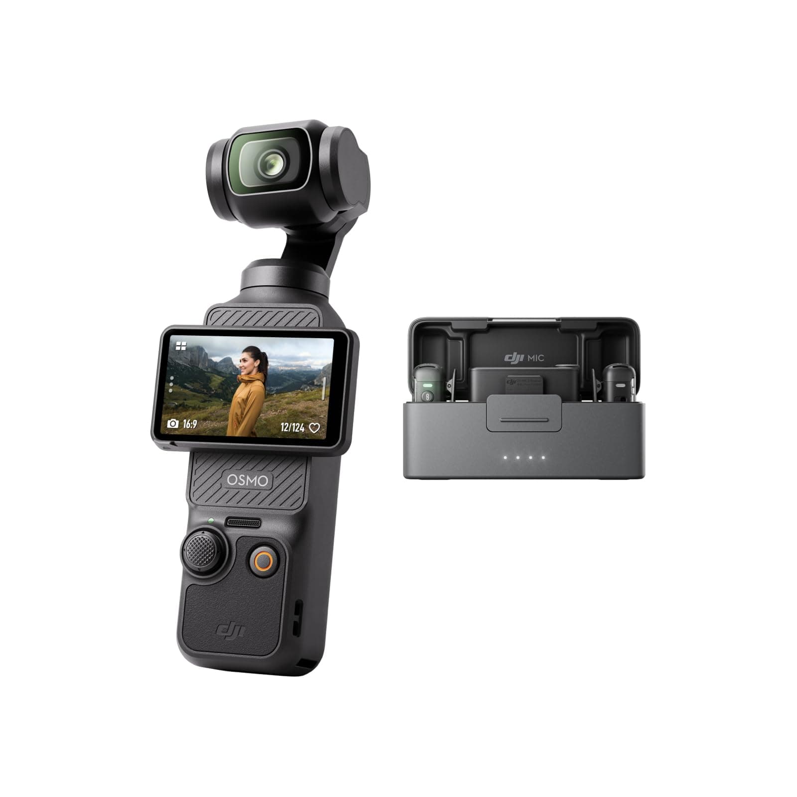 DJI Osmo Pocket 3 + Mic 2 (2 TX + 1 RX + Charging Case) 1-Inch CMOS & 4K/120fps Shooting Compatible Vlog Camera with 3-Axis Stabilizer, Fast Focus, Face/Subject Tracking, Rotatable 2-Inch Touchscreen