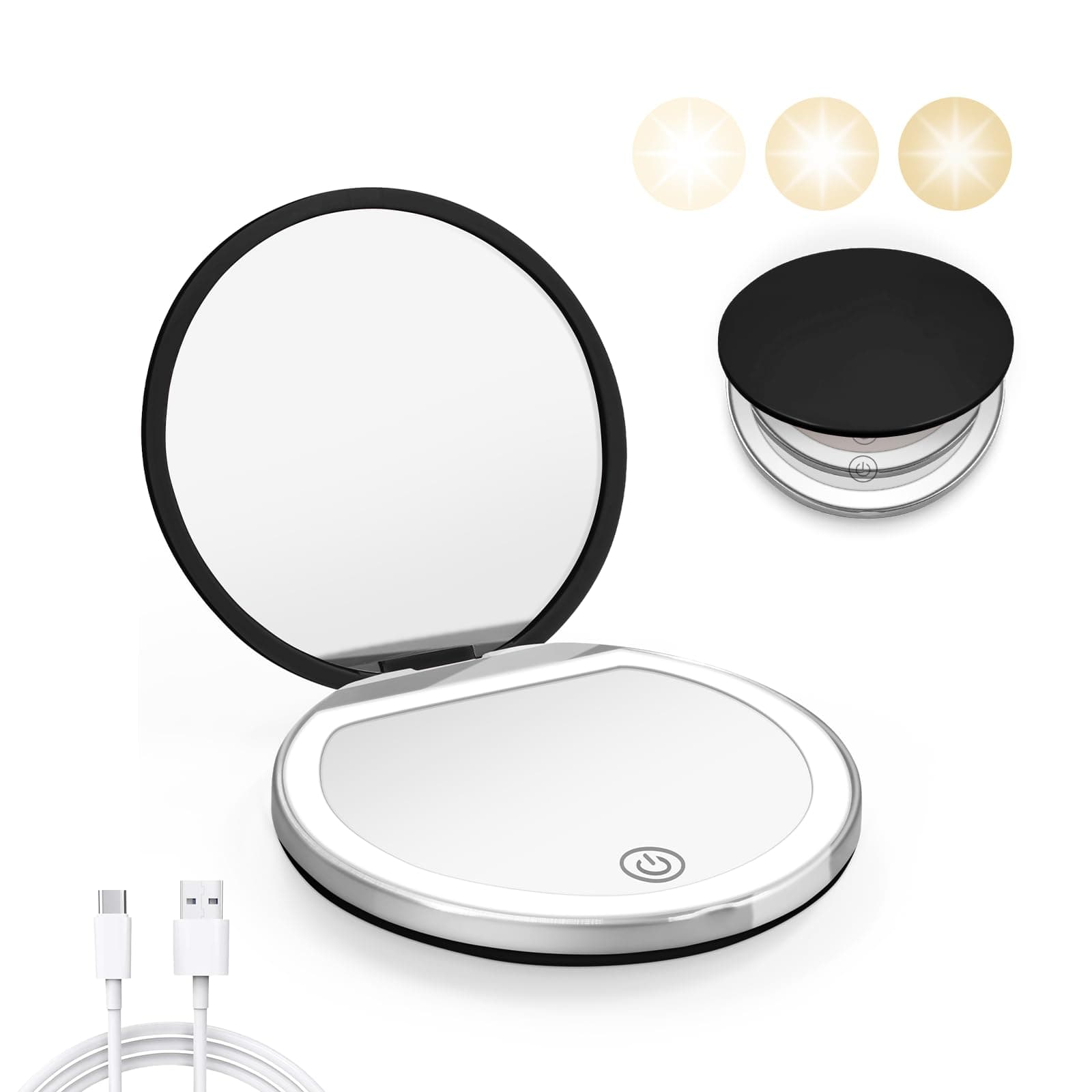 Compact Mirror with Light, 1X/3X Magnification LED Pocket Mirror with USB Data Cable,Mini Mirror for Purse, Pocket,Travel and Present (Black)
