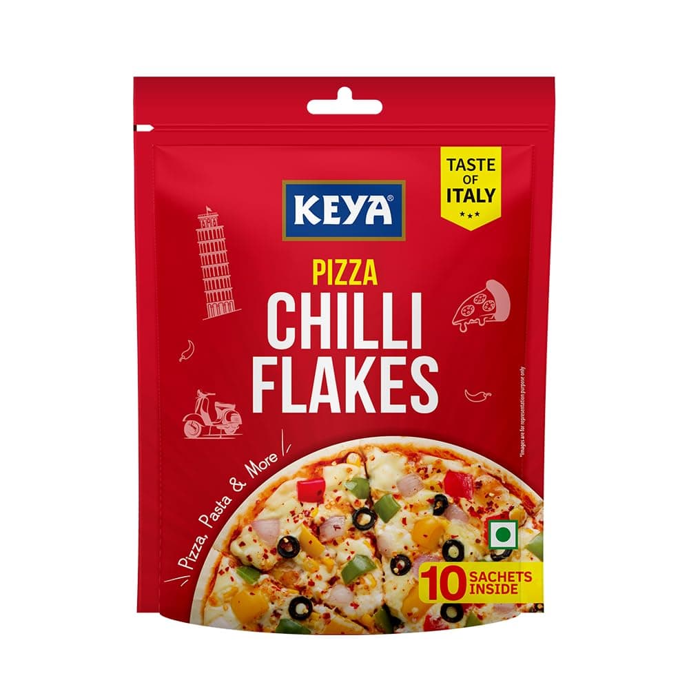 Keya Pizza Chilli Flakes Multipack 20g | 10 sachets inside of 2g | Dry Red Chilli Flakes Seasonings | Aromatic Spicy Dried Pizza Pasta Seasoning | Zero added Colours, Fillers, Additives & Preservatives | 100% Natural | 20g