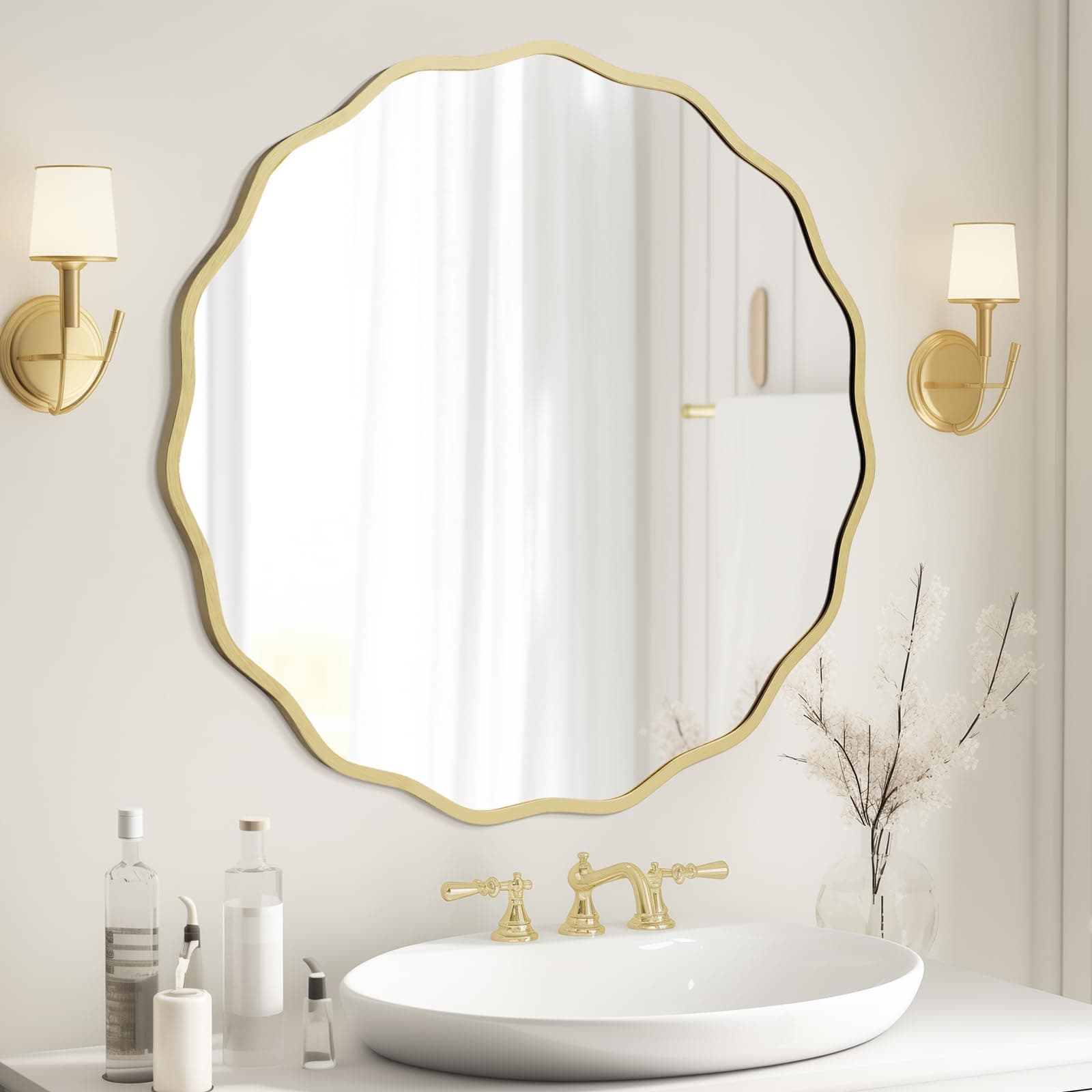 WallBeyond Round Wavy Mirror for Wall Decorative 28 inch, Modern Round Mirror Aluminum Frame for Bathroom Bedroom Living Room Home House Office Entryway, Gold