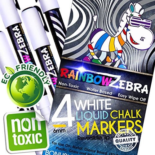 Premium White Chalkboard Markers Rainbow Zebra 4 Pack MEGA Bright Ink FULL 8g GREAT & SAFE for Kids Art, Glass, Menu, Bistro + 2 Free Tips + Free eBOOK