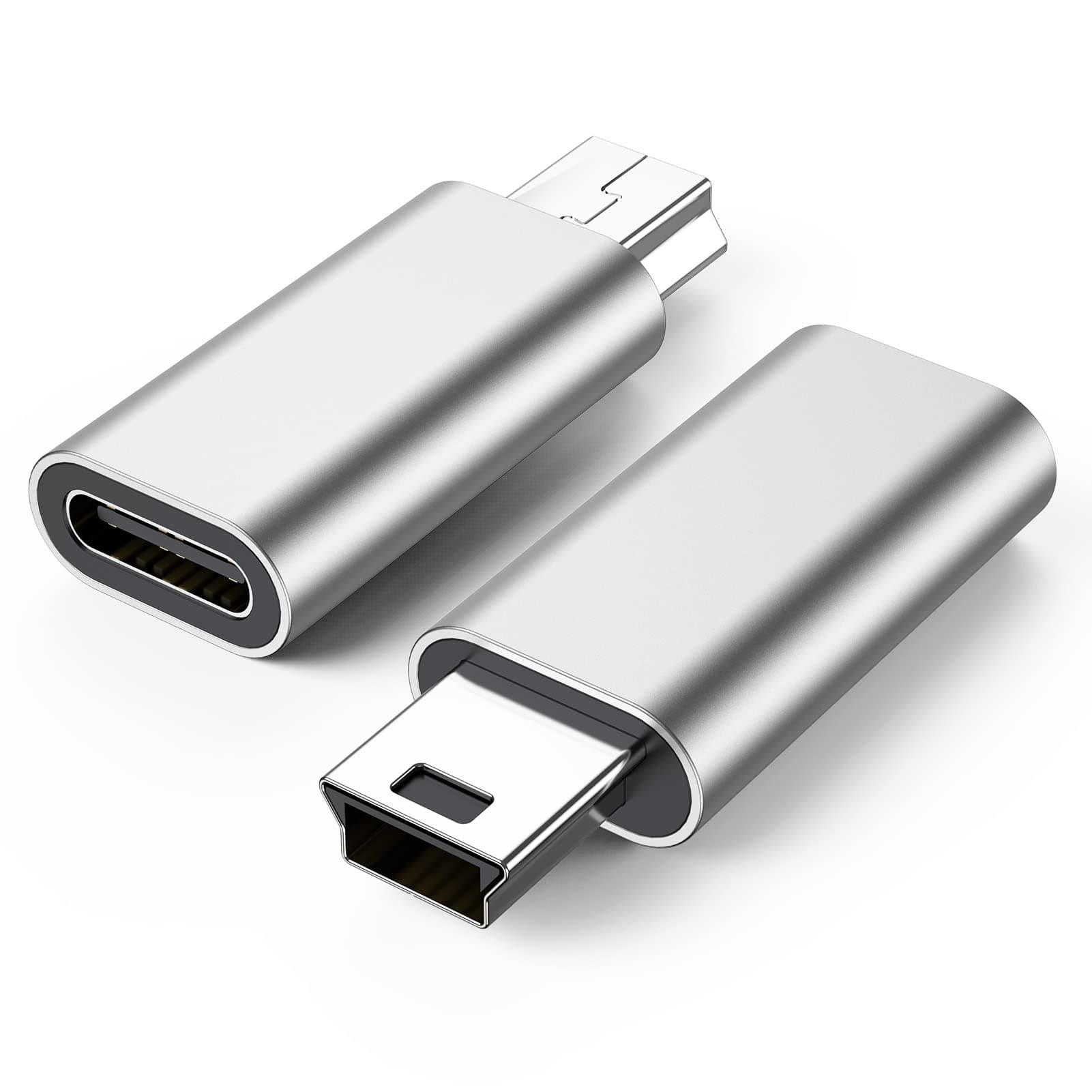 FEMORO Mini USB to USB C Adapter 2 Pack, USB C to Mini USB 2.0 Male to Female Converter Support Charging Data Sync for Gopro Hero Gamera GPS Receiver Car Dash Cam Cellphone MP3