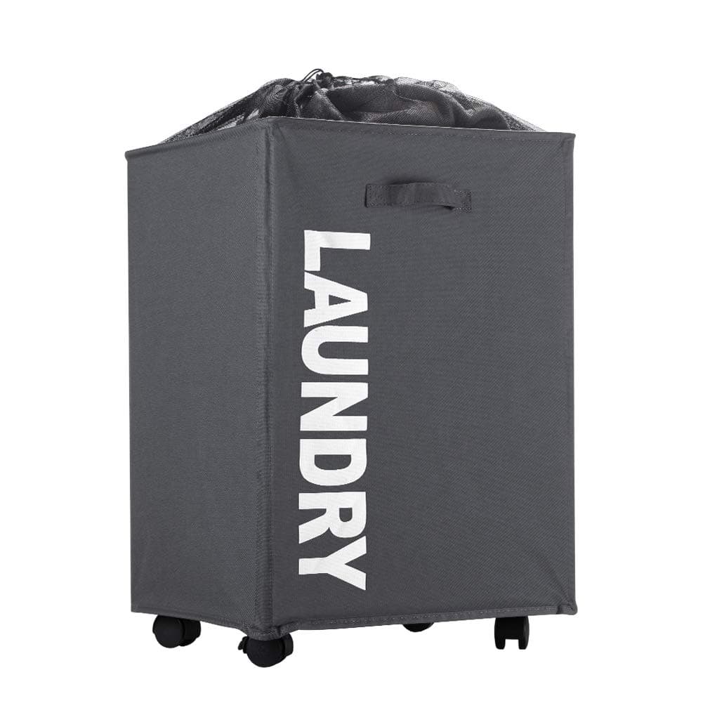 IHOMAGIC Foldable Laundry Basket with Wheels Collapsible Waterproof Laundry Bin with Handles Rolling Laundry Hamper for Clothes Storage Mesh Cover Dirty Clothes Storage Cart (Medium, Dark Grey)