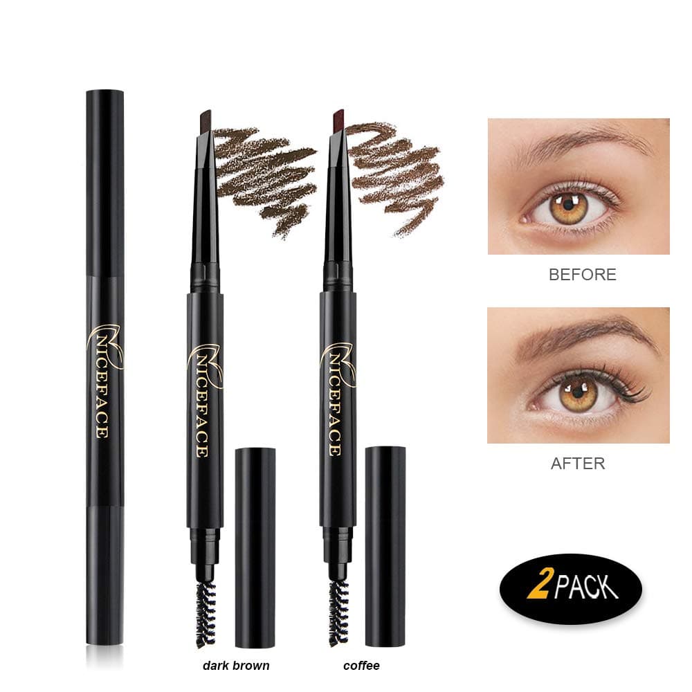 Eyebrow Pencil 2 Packs, NiceFace Waterproof Smudge-proof Automatic Eye Brow Makeup Kit with Eyebrow Brush, Dark Brown & Coffee(set#1)