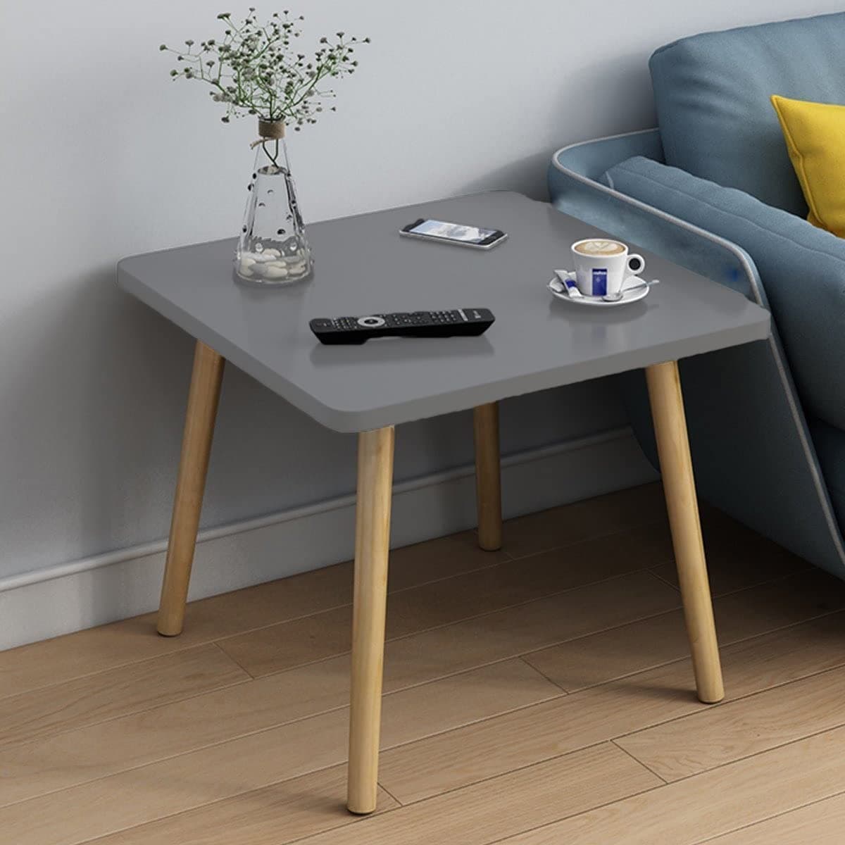MONDAY MORNING - Square Coffee Table, Home Decor Side Table End Table for Living Room, Bedroom, Balcony and Office, Minimalist Wooden Accent Table with Natural Wooden Legs (Pure Grey)