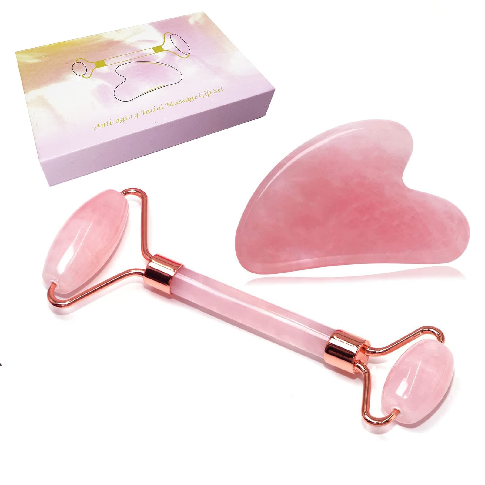 Jade Roller Gua Sha Set, Azymi Rose Quartz Gua Sha Facial Scraping Massager Tools for Promote Blood Flow Prevents Wrinkles Removes Toxins