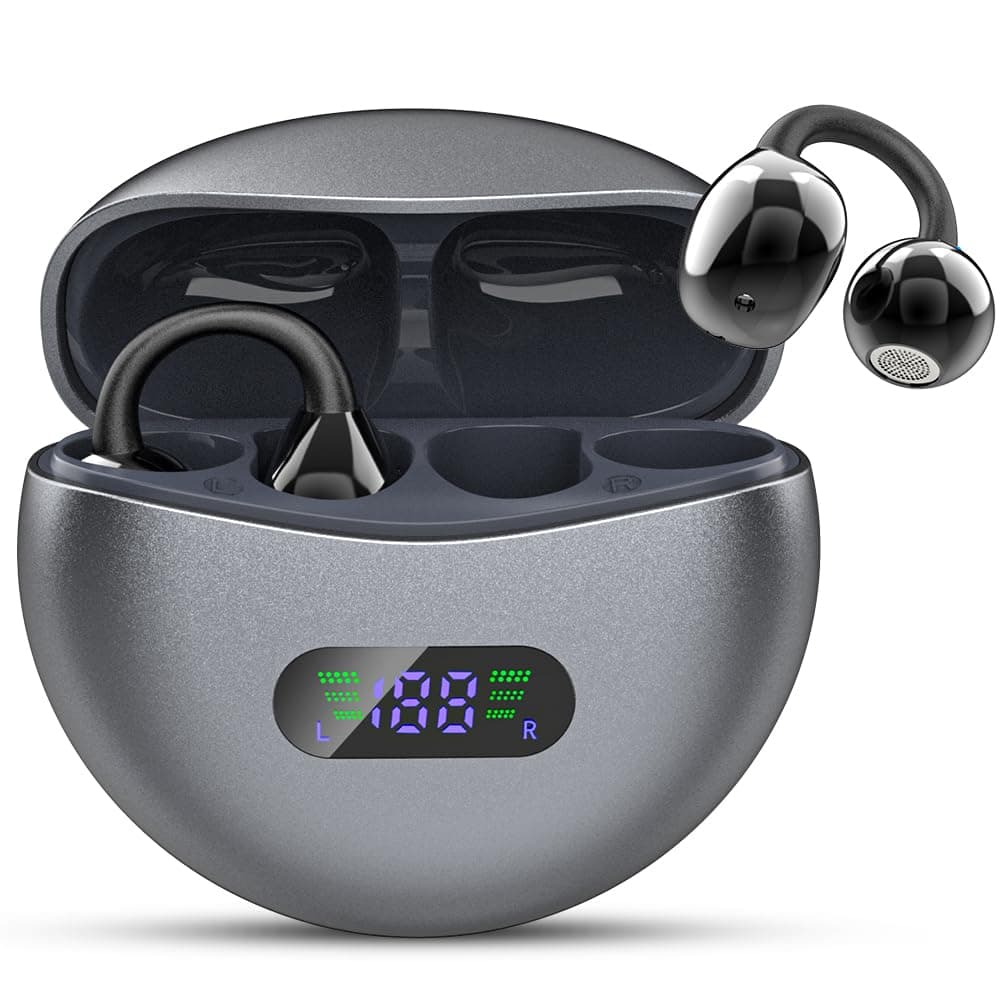 Open Ear Clip Wireless Earbuds Bluetooth 5.4 Clip-On Headphones Built-in Microphone Lightweight Comfort Charging Case LED Display Fitness Ear Buds for Exercise Business Travel Workout, Black