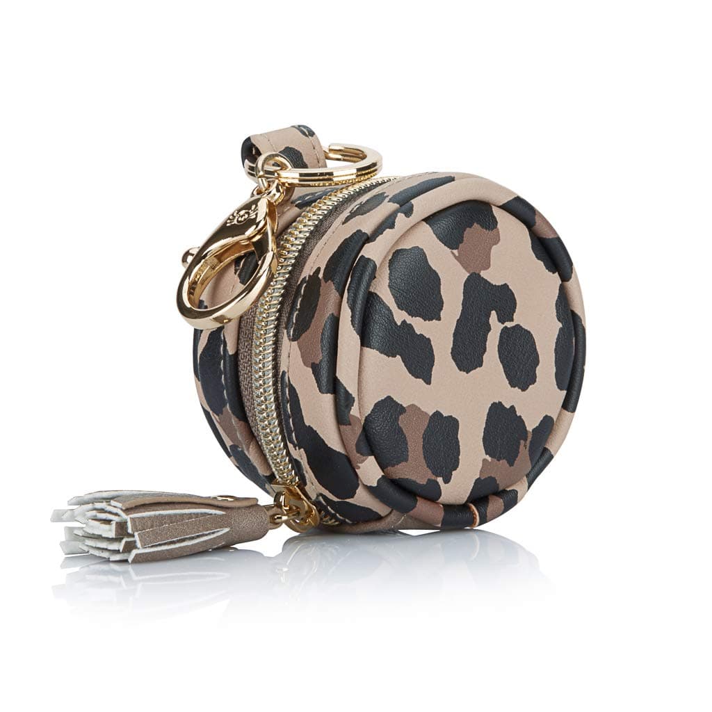 Itzy Ritzy Pacifier Case With Clip – Charm Pod Includes Clasp To Easily Attach A Diaper Bag Or Purse; Measures 2.5” In Diameter And Holds 2 Pacifiers, Leopard