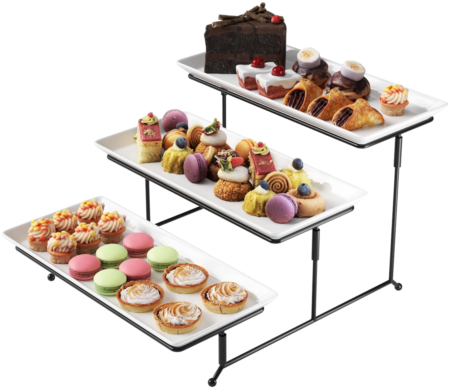 Gibson Elite Gracious Dining 3-Tier Serving Display Stand, Rectangular White Porcelain Plates, Tiered Serving Display - Elegant Food Presentation Display for Parties, Catering, Entertaining Events