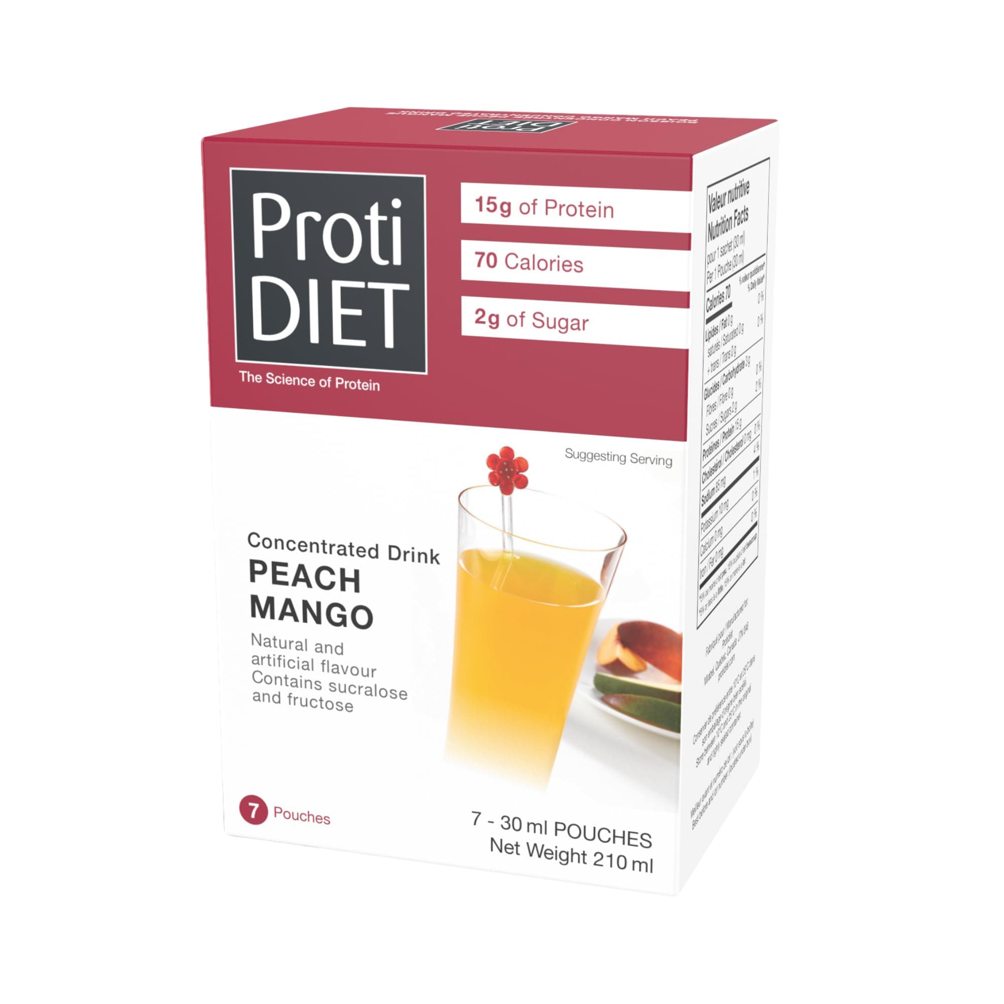 ProtiDIET Peach Mango Concentrated High Protein Drinks - Fat Free, Low Sugar Nutritional Drinks - Easy-to-Mix On-the-Go Concentrated Protein Juice - 7 Packets Per Box