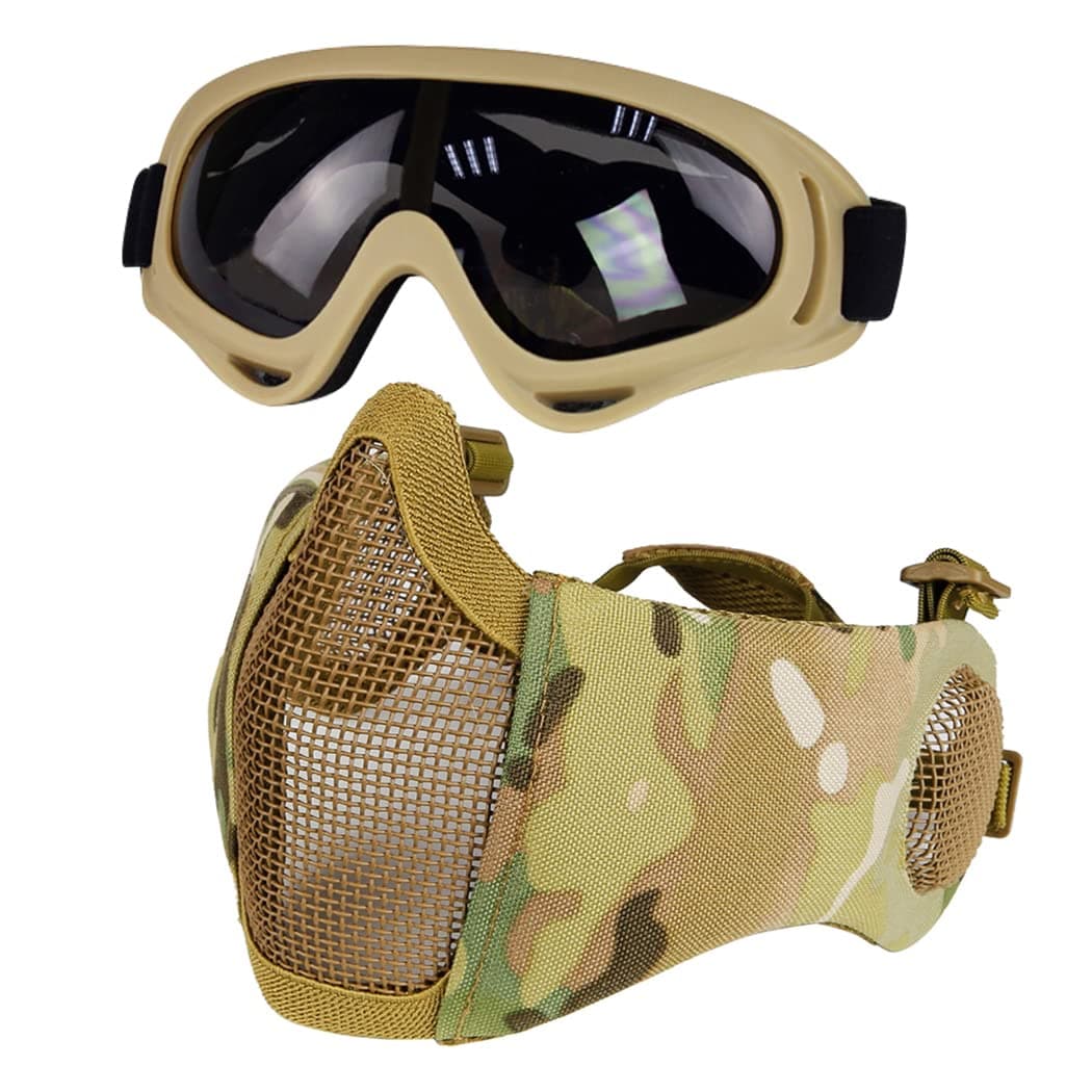 Airsoft Mask with Goggles, Foldable Half Face Airsoft Mesh Mask with Ear Protection for Paintball Shooting Cosplay CS Game