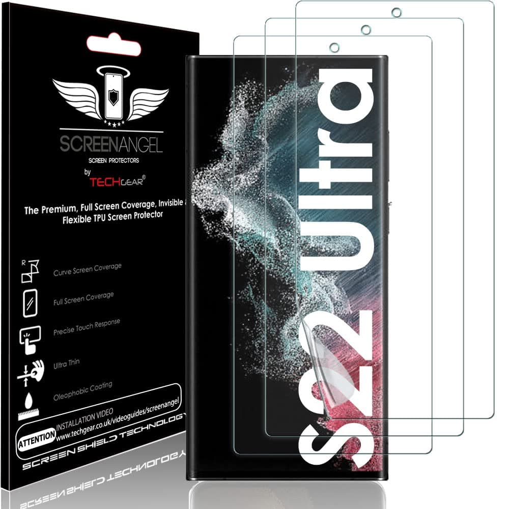 TECHGEAR [3 Pack Screen Protector fits Samsung Galaxy S22 Ultra 5G [Screen Angel Edition] [In-Display Fingerprint Support][Case Friendly][Bubble Free][FULL Screen Coverage] HD Clear Flexible TPU Film