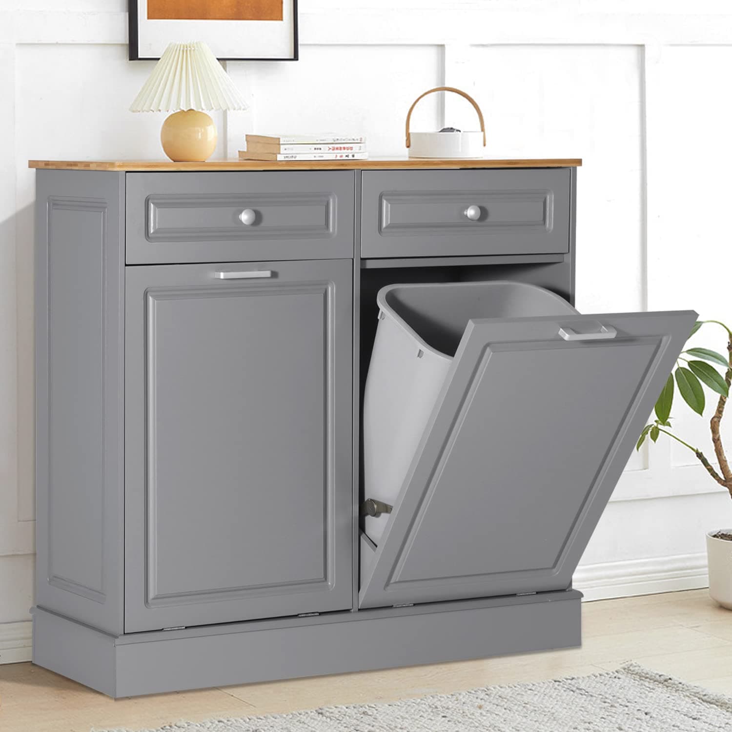 Anbuy Double Kitchen Trash Cabinets Dual Tilt Out Trash Cabinet with Two Solid Wood Hideaway Trash Holder Drawers, Free Standing Recycling Cabinet Trash Can Holder (Dual Gray)