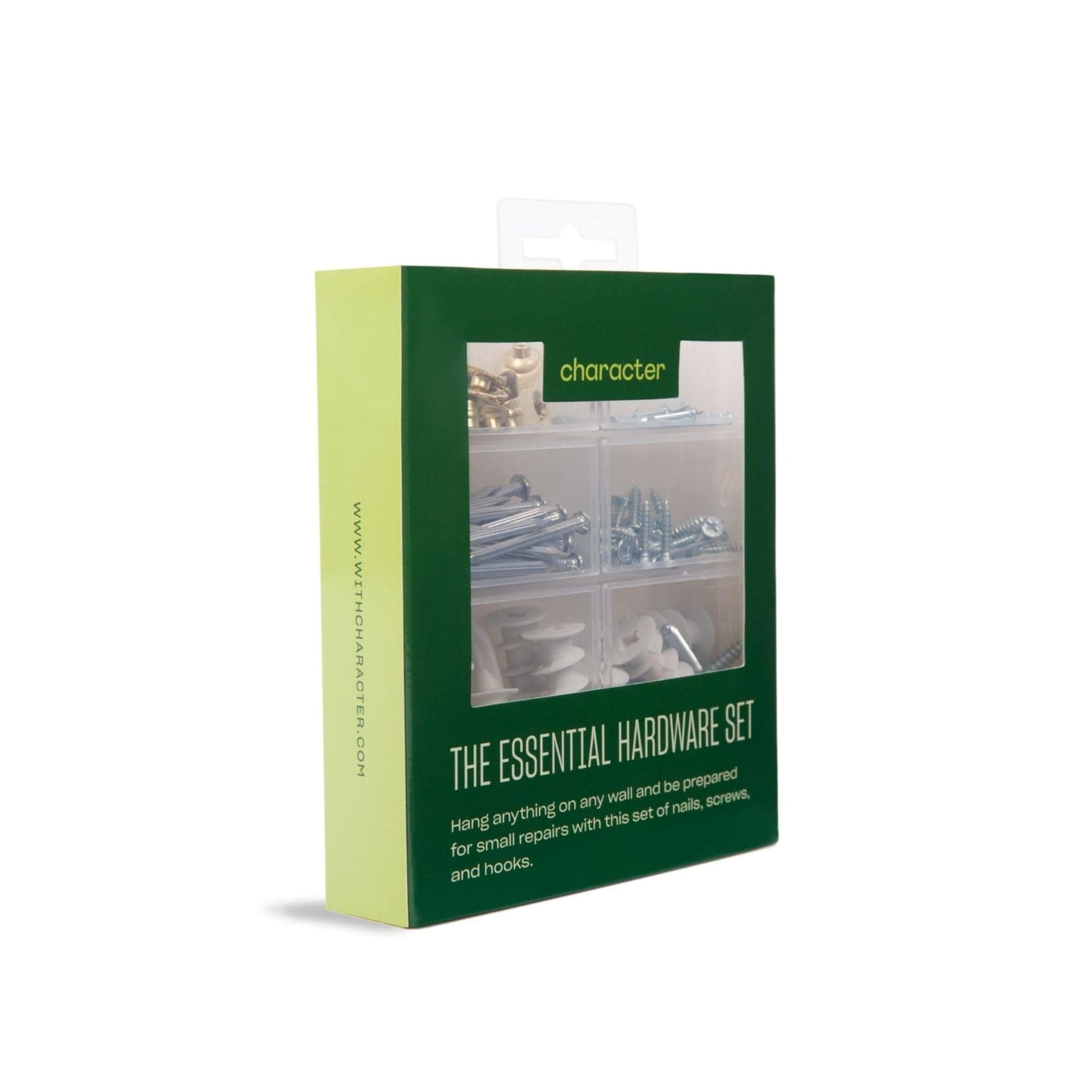 Character The Essential Hardware Set, Assorted Nails, Screws, Drywall Anchors, and Picture Hanging Hooks with Storage Box, 115 Pieces