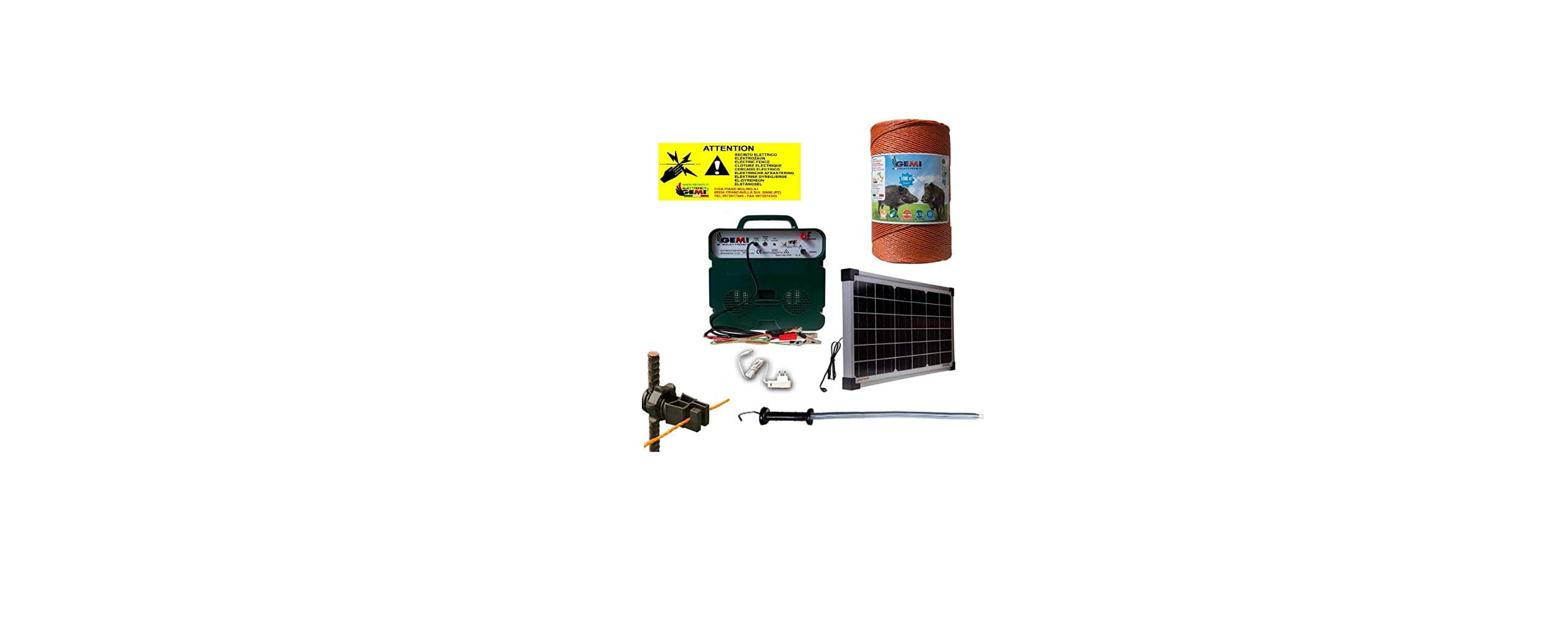 Electric Fence Kit with 1 Electrifier with Solar Panel + 2 Wires 1000 MT 6 Mm² + 400 Pieces Isolators for Iron Stakes + 6 Gate Kits + 5 Fence Signs for Wild Boar Animals