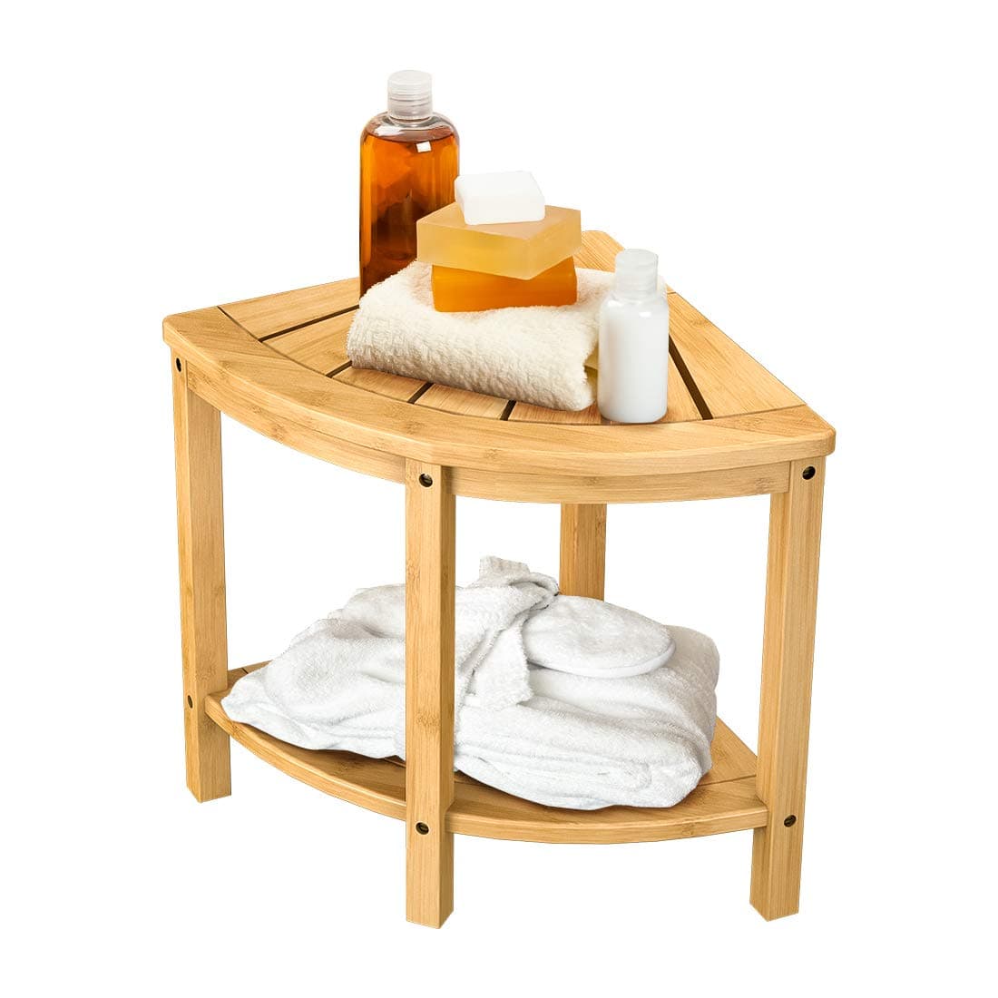 Bamboo Corner Shower Bench Waterproof Stool with Space-Efficient Storage Shelf - Shower Stool Seat for Indoor or Outdoor Use