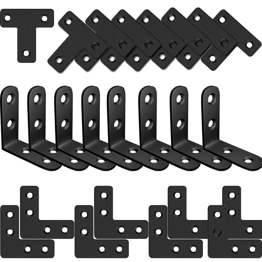 QSJ 24 Pack L Bracket Corner Brace Sets, 1.57x1.57 Inch Black Stainless Steel 90 Degree Right Angle Brackets Fastener L Braces with 88 Screws for Wood, Shelves, Furniture, Cabinet