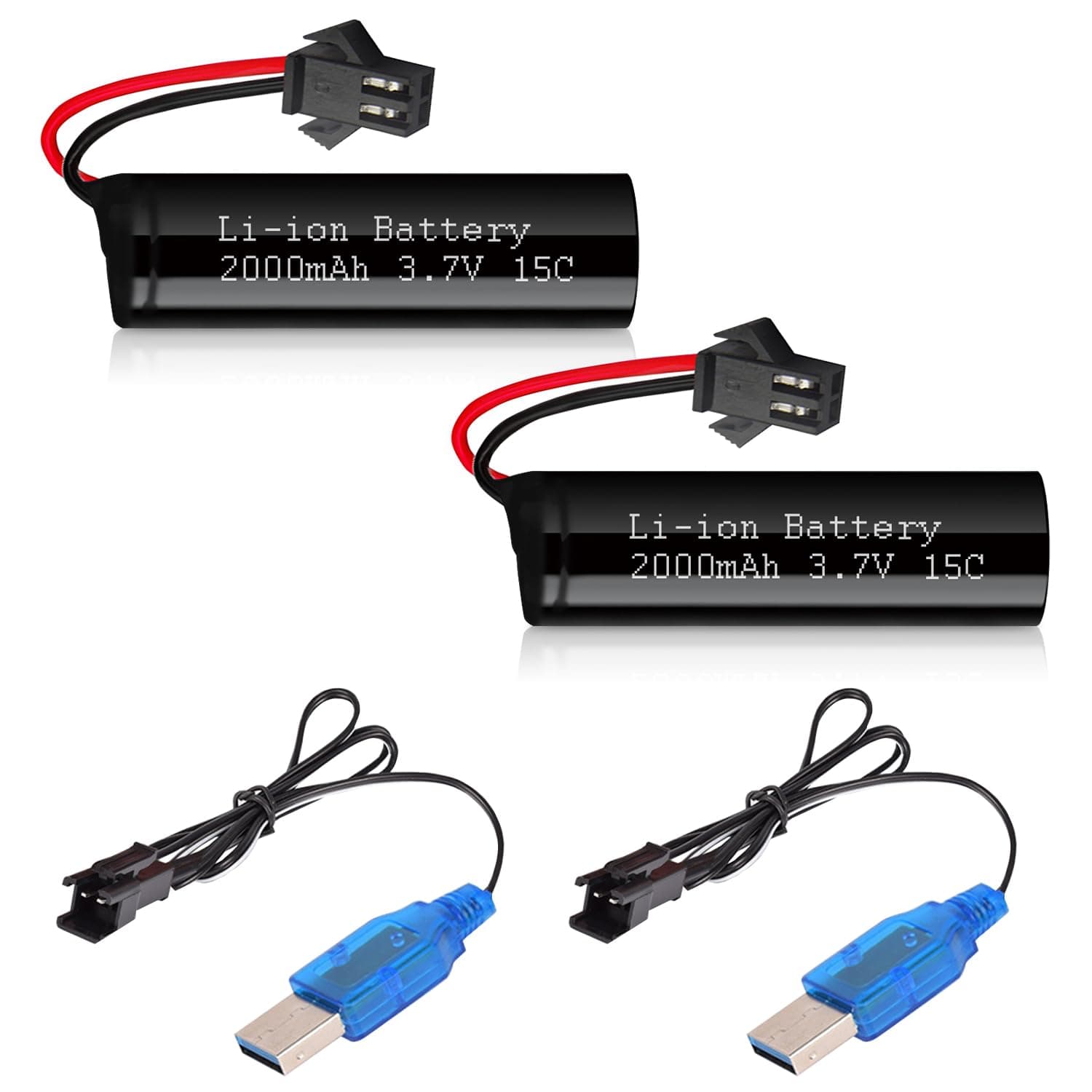 3.7V 2000mah Li-ion Battery 2Pack with 2 USB Chargers SM-2P Plug 15C RC Recgargeble Battery Compatible with DE45 DE42 Remote Control Cars