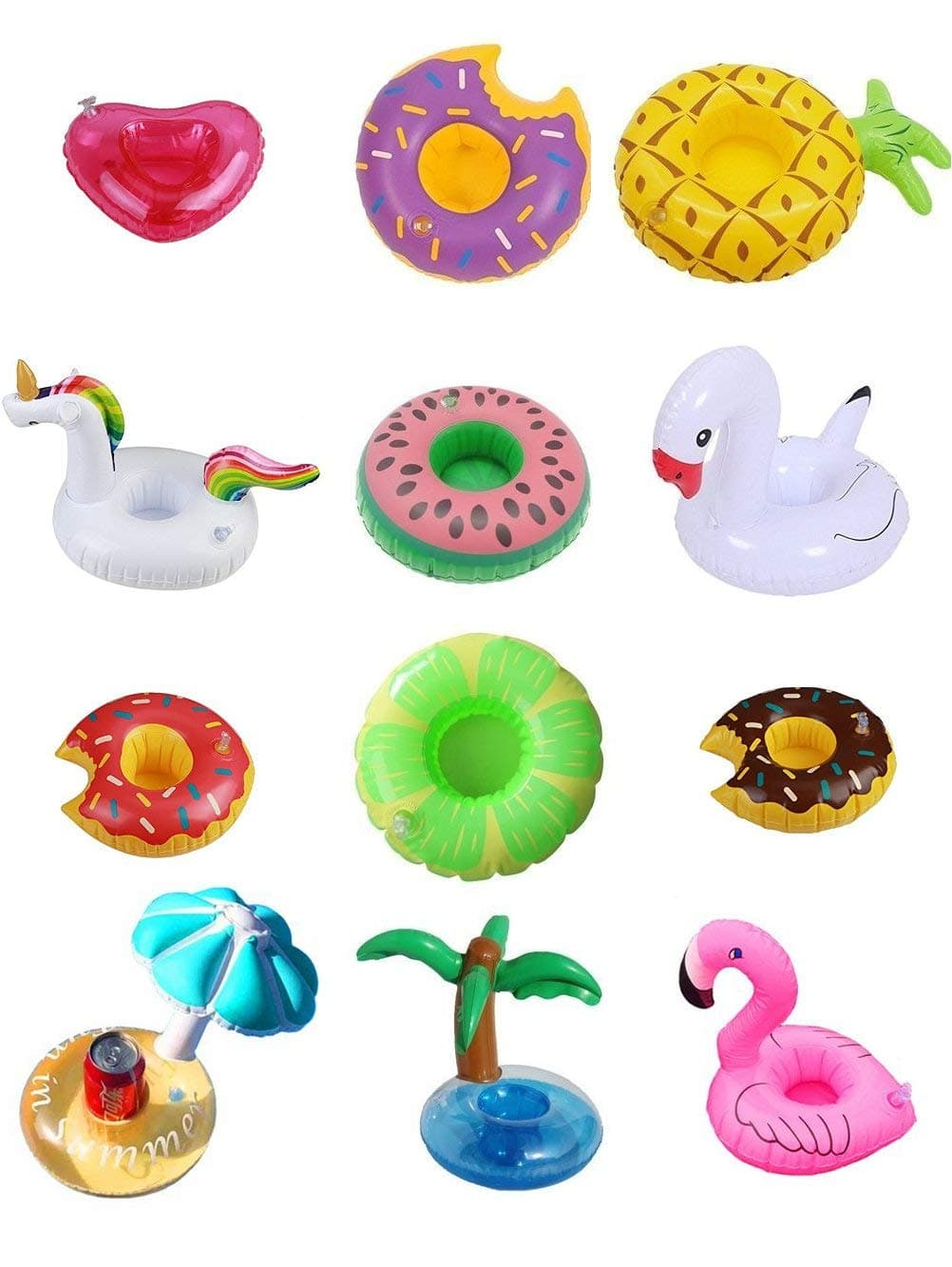 iFun iCool 12 PC Mixed Inflatable Coasters Inflatable Drink Holder Float,Fruit Donuts Flamingo Swan Plam Duck Inflatable Pool Cup Holders