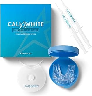 Cali White Teeth Whitening Strip Kit with LED Light and Batteries - Organic Peroxide Teeth Whitener Gel - Set of White Strips - 2x5ml Syringes, Thermoform Whitening Kit Trays and Case