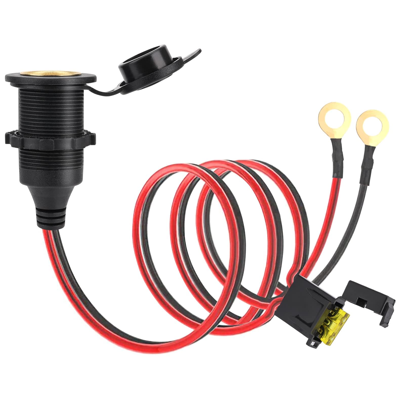 Fixed Cigarette Socket, Waterproof Marine Grade 12V/24V DC Cigarette Lighter Socket with Eyelet Terminals Direct Battery Type 1 M 2.5mm² Cable High Power 20A