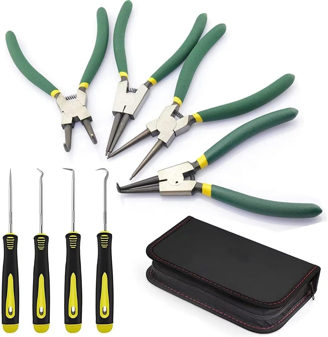 CED4-Piece 7-inch Circlip, Snap Ring Pliers, Snap Ring Pliers Set, Non-Slip Handles with Canvas Bag, Precision Oil Seal Hook Set